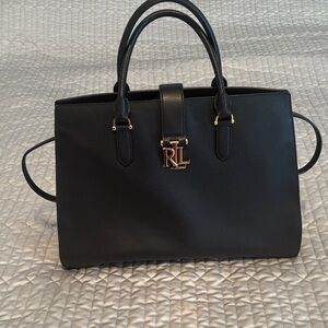Ralph Lauren Black Leather Satchel with Gold RL Initials